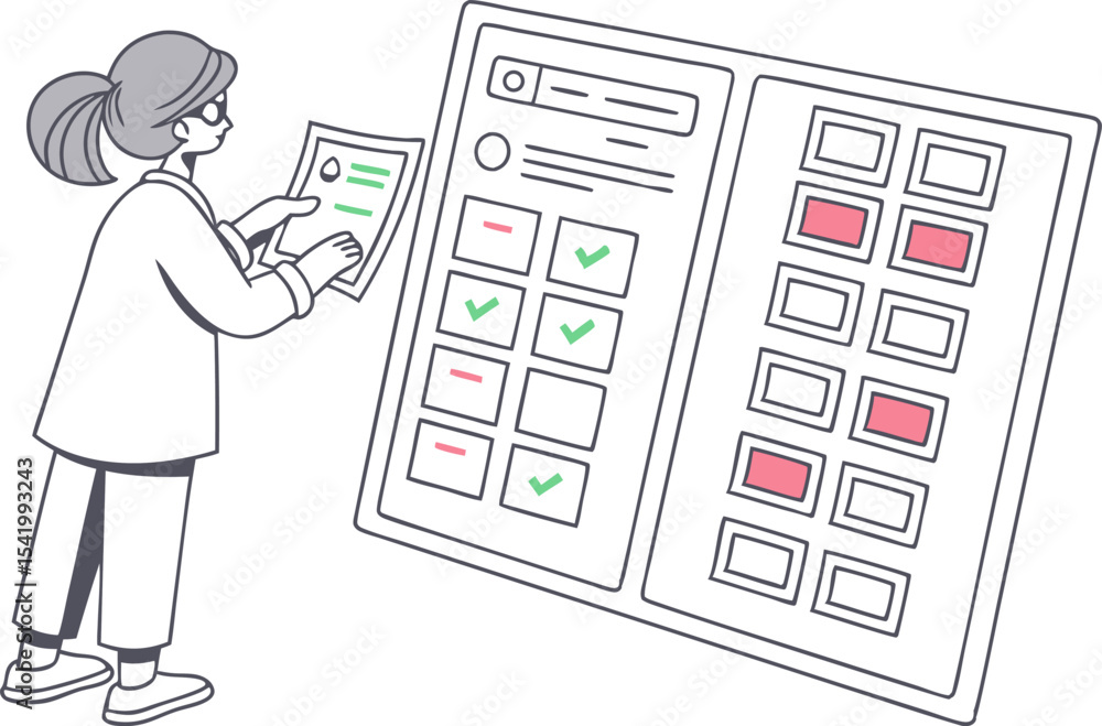 Woman reviewing checklist document against a digital interface with check and minus symbols displayed Woman reviewing checklist document against a digital interface with check and minus symbols displayed
