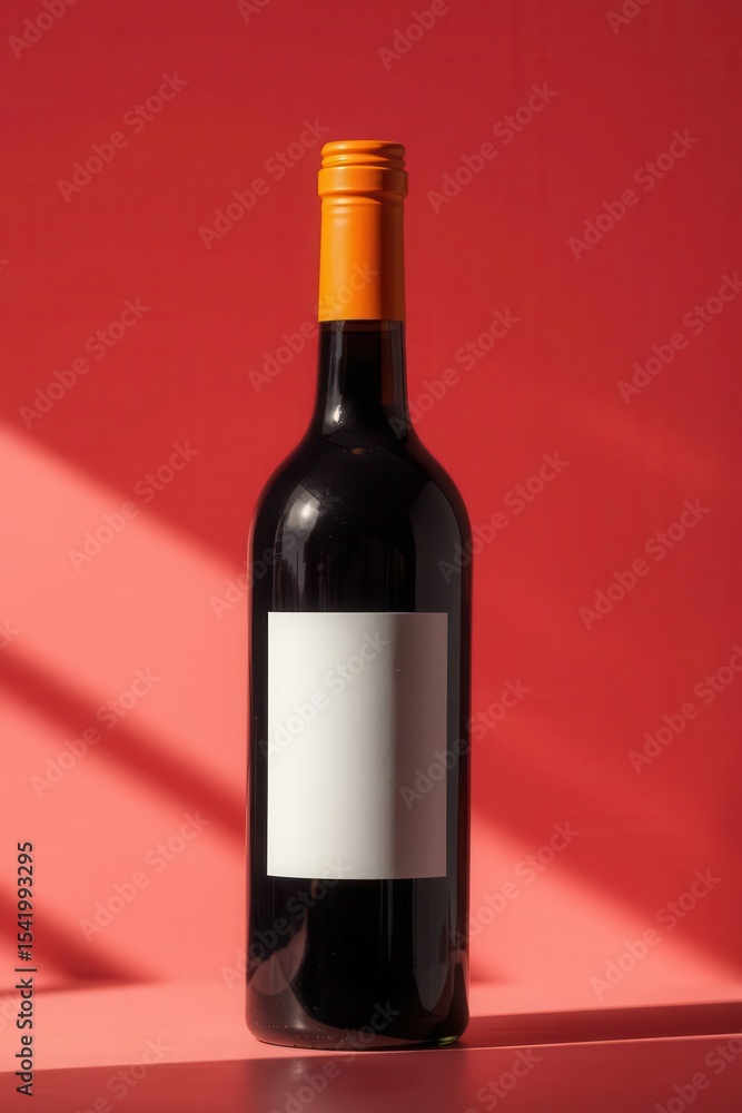 Obraz premium Elegant wine bottle with a blank label against a vibrant red backdrop, casting shadows and light.