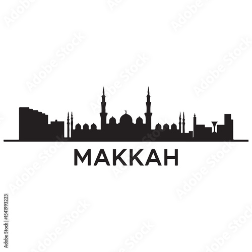 Makkah skyline horizontal banner. Makkah, Saudi Arabia. Vector template for your design. Vector black silhouette. with white background