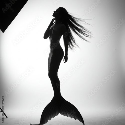 Mysterious Mermaid Silhouette: Elegant Black and White Photography isolated on transparent background