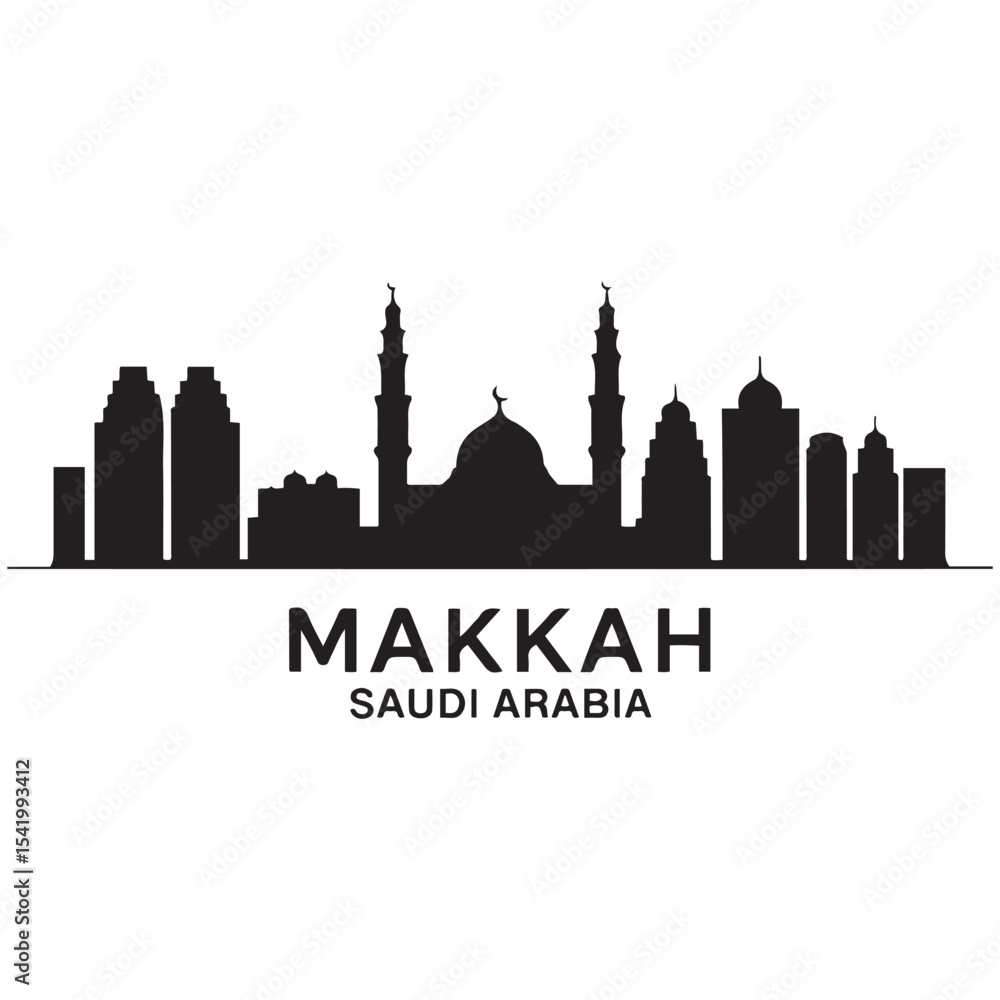 Naklejka premium Makkah skyline horizontal banner. Makkah, Saudi Arabia. Vector template for your design. Vector black silhouette. with white background