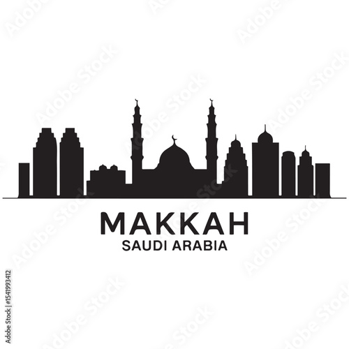 Makkah skyline horizontal banner. Makkah, Saudi Arabia. Vector template for your design. Vector black silhouette. with white background