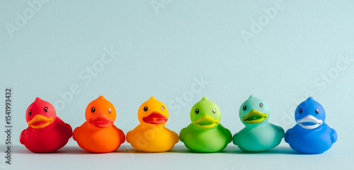 Colorful rubber ducks in rainbow order on a light blue background. Minimalist composition, symbol of diversity and individuality