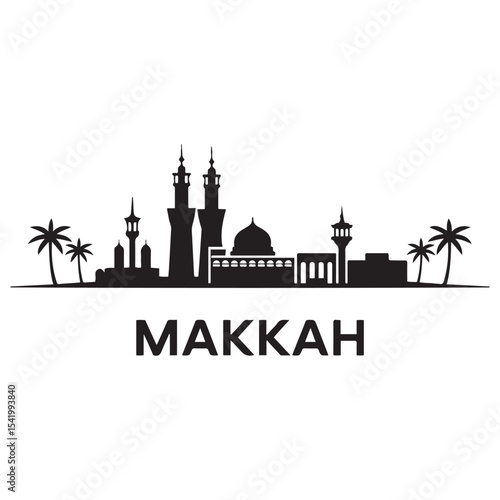 Makkah skyline horizontal banner. Makkah, Saudi Arabia. Vector template for your design. Vector black silhouette. with white background