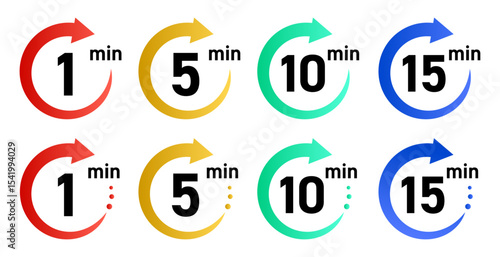 残り時間を表示するタイマー/ストップウォッチ/時計のアイコンイラストデザインセット(timer clock stopwatch 1min 2min 3min 4min 5min 6min 7min 8min 9min 10min 15min 20min 25min 30min 残り時間 シンプル アイコンイラスト ベクター 編集可能)