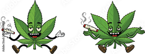 Happy Marijuana Leaf Cartoon Character Smoking Joint, Relaxed Cannabis Mascot for Dispensary, Hemp, and Legalization Themes.