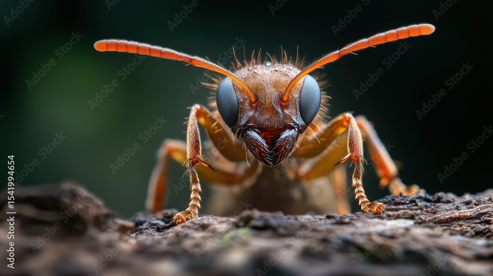 Naklejka premium A close-up image of a vibrant orange insect showcasing intricate details from its large eyes to its delicate antennae, highlighting nature's beauty and complexity.