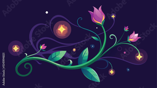 Fantasy glowing floral vines silhouette with sparkles and mystical background elements