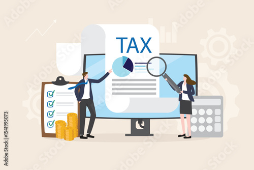 Tax payment concept. Financial report auditor and calculation tax return, debt payment for Government, State taxes, Tax planning Due date. Business team presenting data online illustration flat design