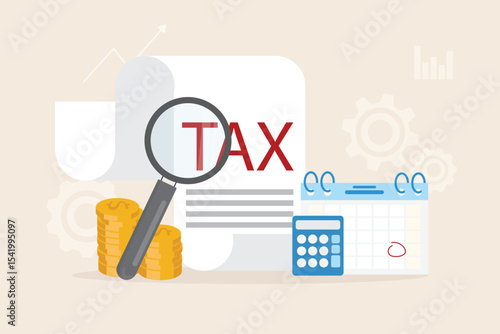 Tax payment concept. Financial report auditor and calculation tax return, debt payment for Government, State taxes, Tax planning Due date. Magnifying glass with data illustration flat design.