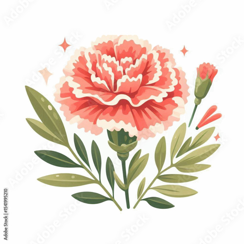 A coral carnation with white edges sits among green foliage accompanied by a bud and reddish petals