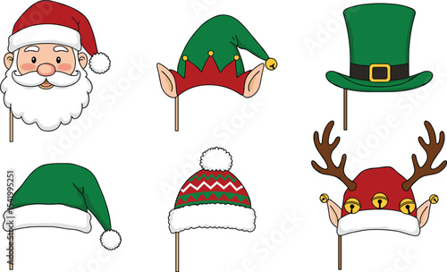 Christmas and Holiday Photo Booth Props Set, Featuring Santa, Elf, Reindeer, and Festive Hats for Seasonal Celebrations and Parties.