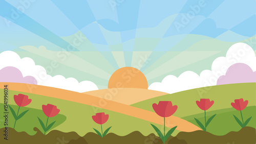 Flat illustration of spring landscape with tulips sun and cloudy sky