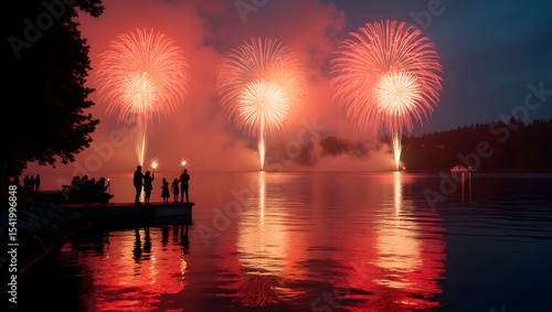 Family Fireworks Celebration By The Lake tran.Generated with AI