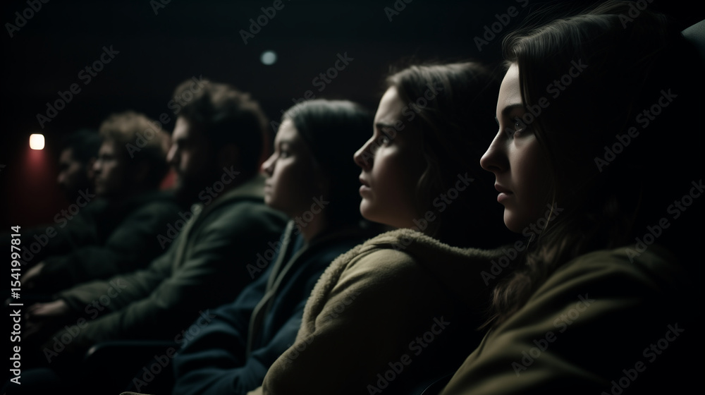 Naklejka premium Side profile of young people watching a movie in a dark cinema. The soft glow from the screen highlights their concentrated faces, creating a dramatic and immersive atmosphere.