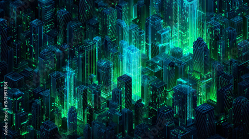 Digital technology city metaverse neon blue green background, abstract cyber communication, innovation future cyberpunk metropolis tech, internet network connection, Ai big data, town illustration 3d