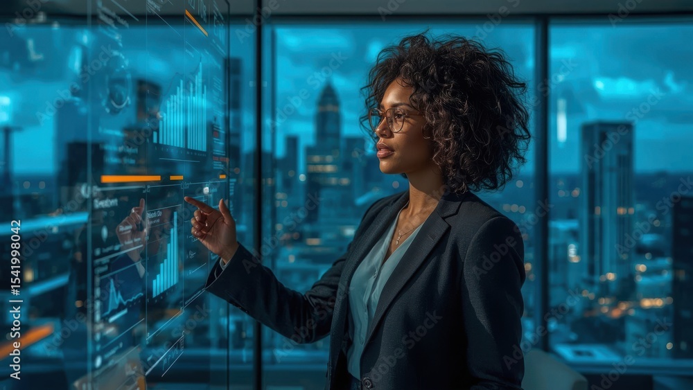 Fototapeta premium Businesswoman Presenting Analytics on Futuristic Transparent Screen
