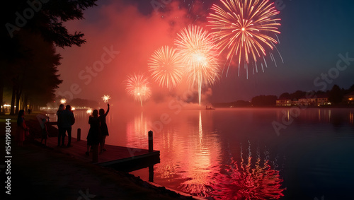 Family Fireworks Celebration By The Lake tran.Generated with AI
