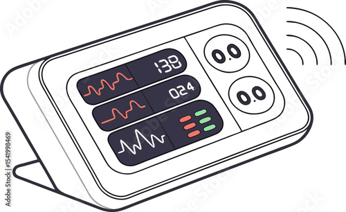 Illustration of a medical monitor displaying waveforms and numerical data with wireless signal icon