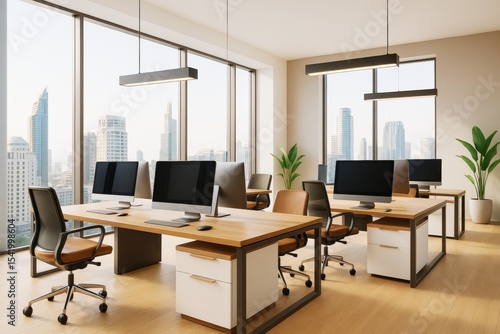 Wallpaper Mural Modern open office interior with wooden desks, minimalist chairs, and large windows overlooking cityscape in daylight. Ai generative. Torontodigital.ca