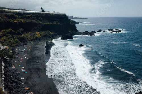 Playa el Bollullo Tenerife, Scenic Black Sand Beach Alongside Cliff by the Ocean