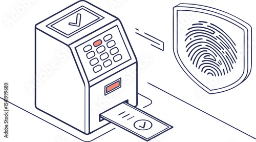 Isometric view of a biometric authentication machine with keypad and fingerprint shield for security access