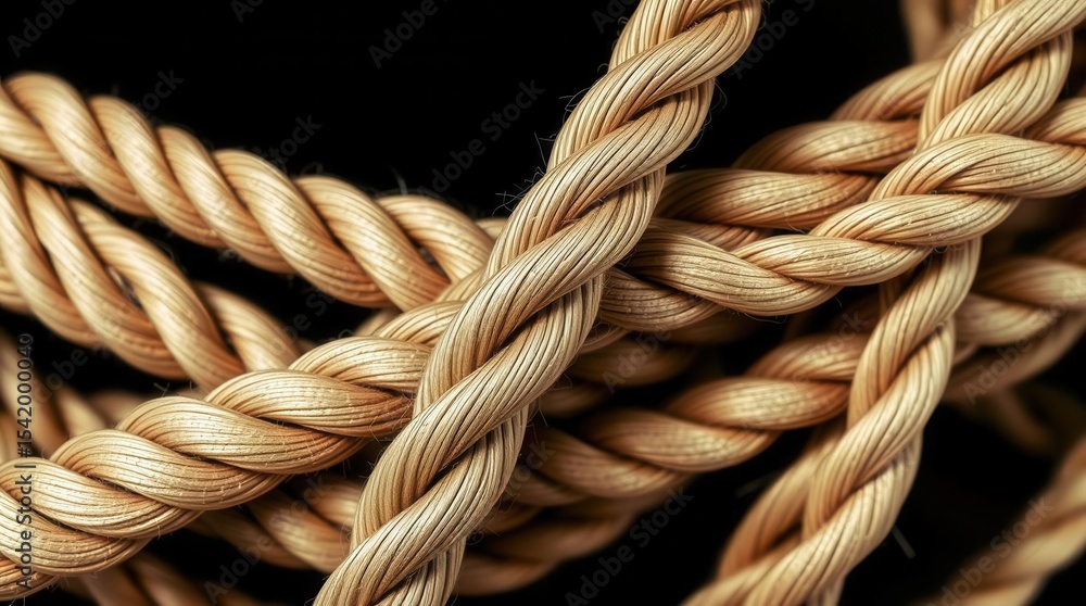 Intertwined strands of rope, showcasing texture and form against a dark background. Intertwined strands of rope, showcasing texture and form against a dark background.