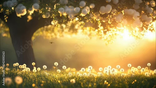 Tree filled with fluffy dandelions glowing in golden sunset light over meadow seamless looping 4k time-lapse animation video background. Nature concept