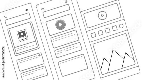 Illustration of three mobile app interface designs with various content layouts and graphical elements