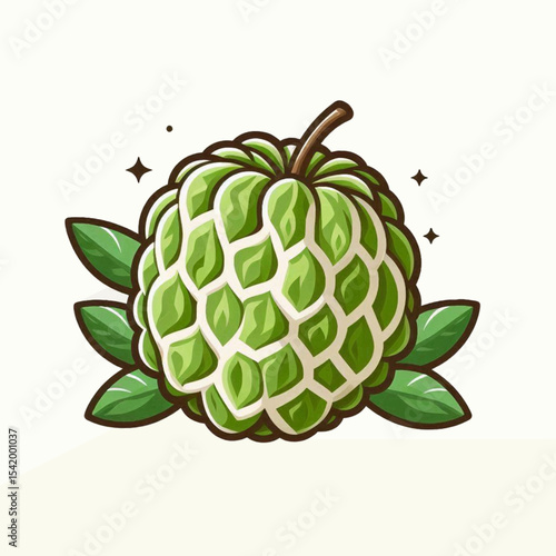 A custard apple with green skin white sections and leaves arranged around it