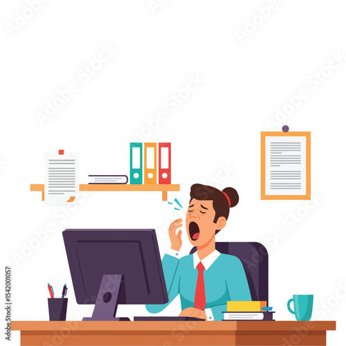 Exhausted Office Worker Yawning at Computer Desk