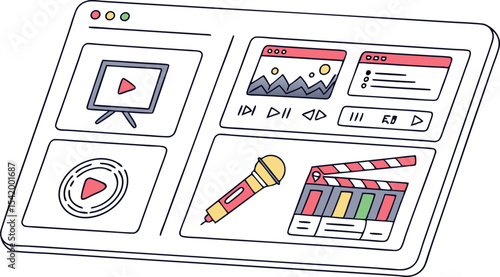 Cartoonish digital interface displaying video, audio, and film editing tools and media controls shown here