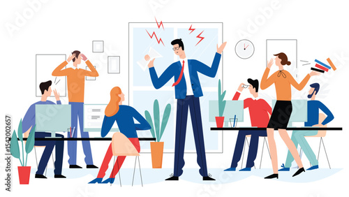Angry boss in office flat vector illustration. Frightened employees shocked by furious top manager. Stressed vector cartoon characters. Missing deadlines concept
