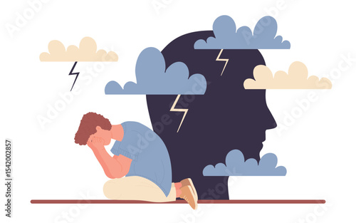 Stress disorder clouds of depressed sad teenager vector illustration. Cartoon unhappy boy character and bad weather of illness. Loneliness, mental health and psychology concept isolated on white