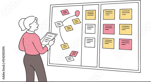 Woman with document standing by a planning board with sticky notes and flow chart for project management