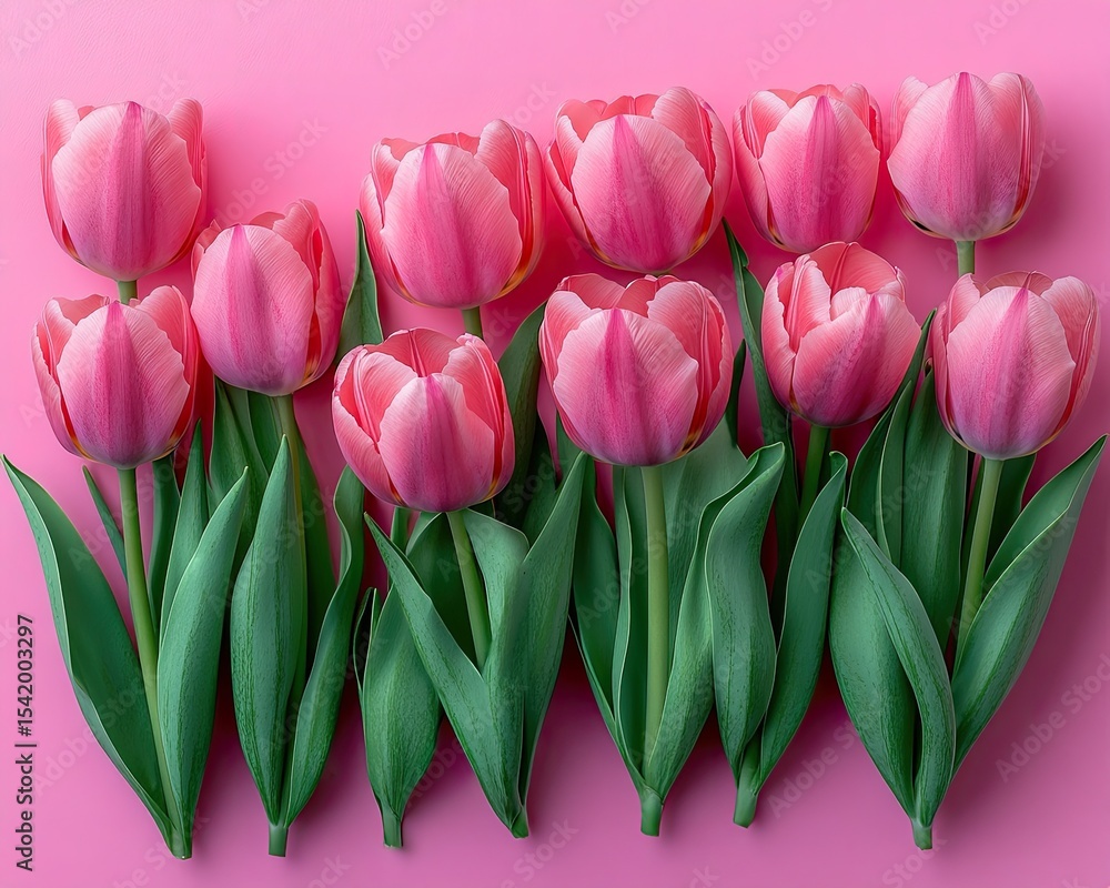 Fototapeta premium Several pink tulips with green leaves lay on solid color background. Perfect for spring, Mother's Day, greeting card or feminine products ads.