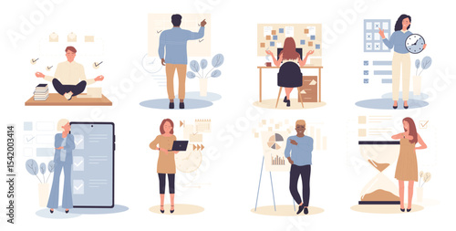 Work organization of business people, control of time set vector illustration. Cartoon businessman working with planner schedule, manager planning projects and deadline. Time management concept
