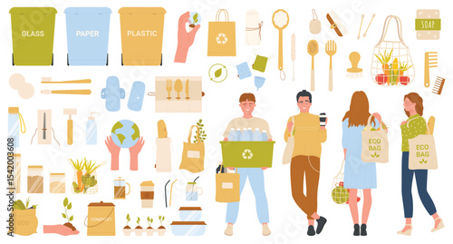 Zero waste lifestyle infographic vector illustration. Cartoon people with eco bag or sorting box, garbage recycling containers for glass plastic and paper, bamboo hygiene items isolated on white