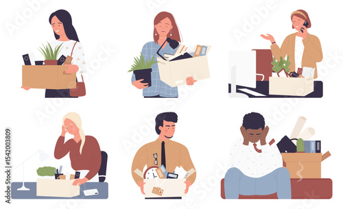 Employee replacement, dismissal vector illustration set. Cartoon young sad or happy business people dismissed from job, holding box of things, man woman fired staff characters leave office isolated