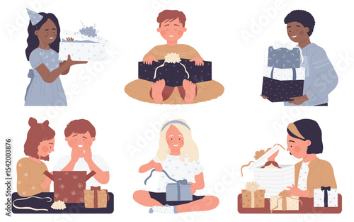 Kids open gift boxes set vector illustration. Cartoon happy children unwrap present, untie ribbon, excited boy holding surprise pile of packages, girl unboxing Christmas gift isolated on white