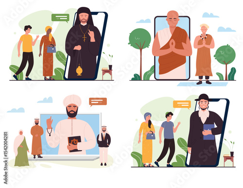 Online church, worship video call service set vector illustration. Cartoon woman man characters meeting rabbi priest monk or imam to pray, using digital religion app in mobile phone isolated on white