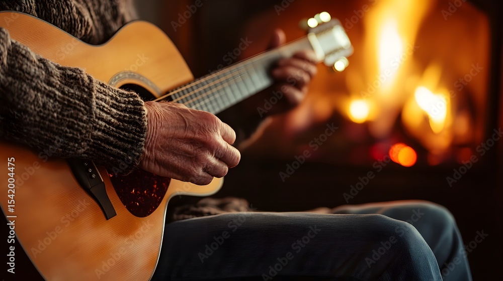 Fototapeta premium Older man playing guitar by fireplace nostalgic light on fingers