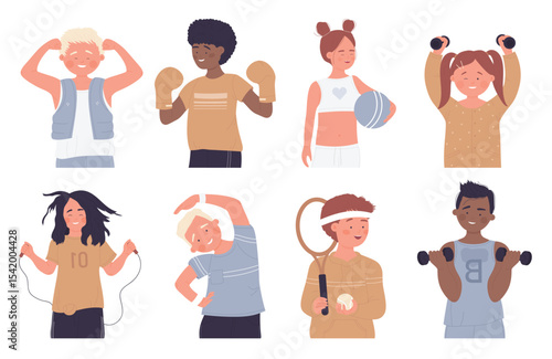 Happy kids do sport exercises isolated vector illustration set. Cartoon children training with dumbbells, boxing gloves, jump rope, boy child character holding tennis racket, girl exercising with ball