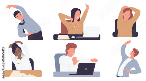 Office fitness with business people isolated vector illustration set. Cartoon woman man office worker characters doing physical healthy exercises, businessman stretching in workplace sport workout