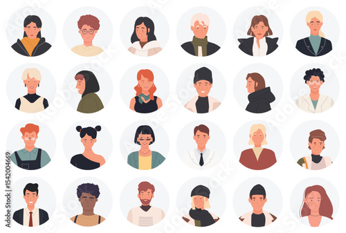 Icon avatars of different young or old people vector illustration set. Cartoon round profile avatars with heads of man and woman, circle human portrait collection for social media isolated on white