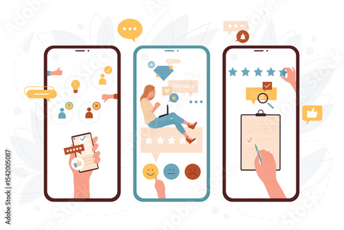 Online feedback about experience and review analytics service vector illustration. Cartoon hands of customers holding rating stats, satisfaction survey paper to rate, positive clients appraisal