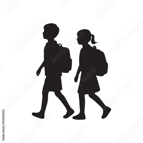 Silhouette of Children Walking with School Bags – Back to School Vector Illustration