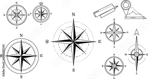 Compass rose vector graphics nautical navigation direction orientation travel exploration design elements set editable stock vector illustration