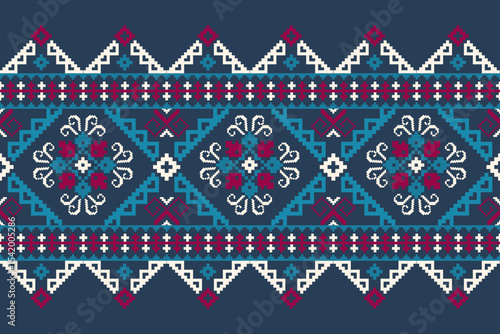 Cross stitch pattern concept showcasing traditional ethnic geometric pattern, Design for textile, background,carpet,wallpaper,clothing,wrapping,Batik,fabric,Vector illustration	
