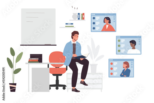 Online school lesson or lecture with children classmates and teacher vector illustration. Cartoon kids students listen man, using video call app for meeting. Education, e-learning, webinar concept